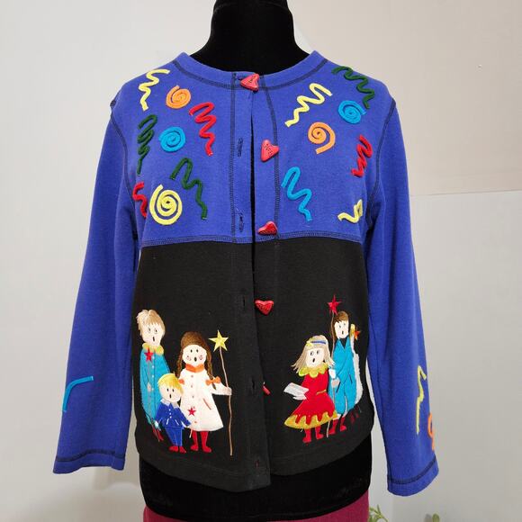 Sport Elle Ugly Christmas Sweater Blue Embroidered Caroling Noel Cardigan M - Picture 2 of 11